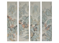 云山画是绿色和绿色的有四个屏风